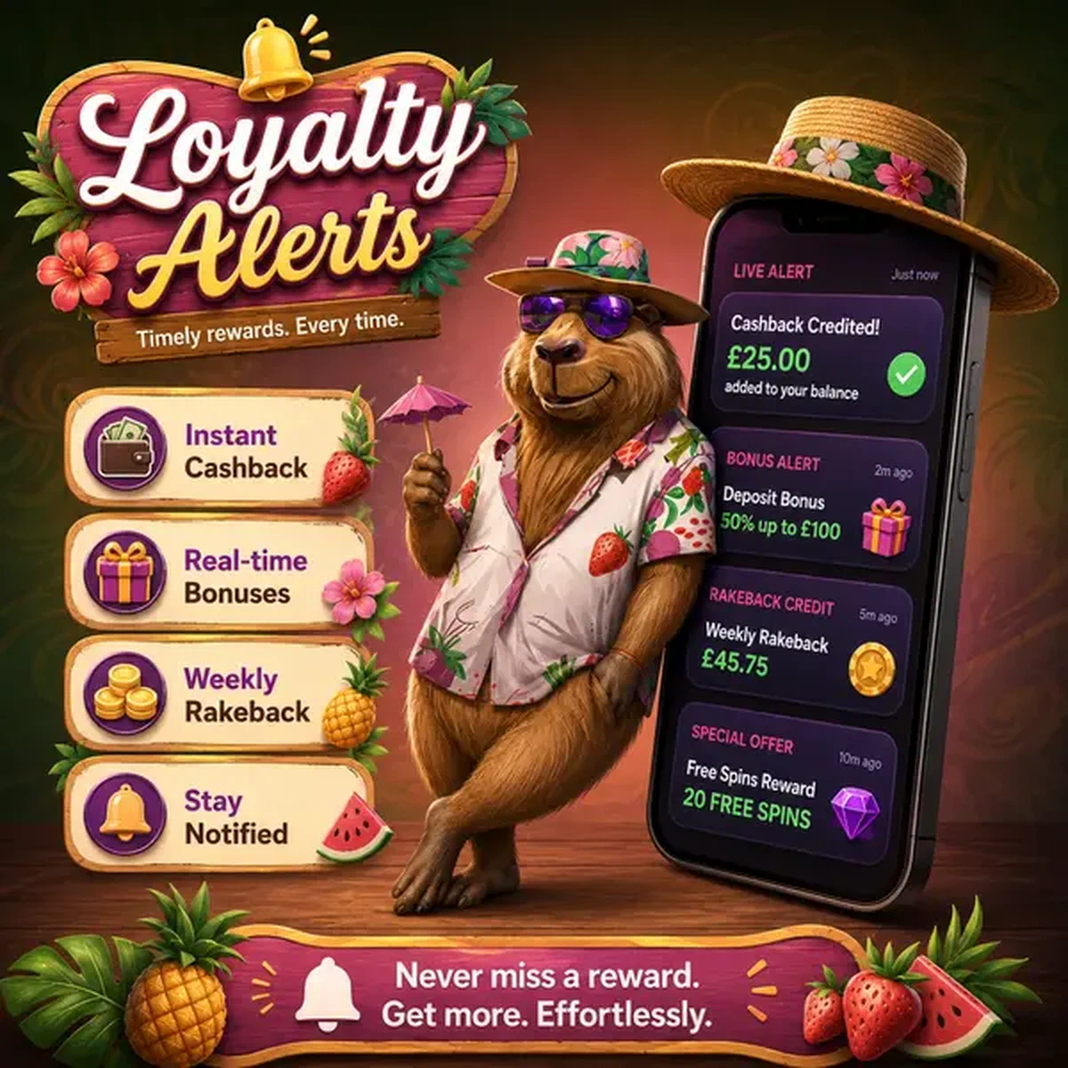 Notifiche app mobile LazyBar che brillano mentre il capibara rilassato controlla le ricompense in tempo reale