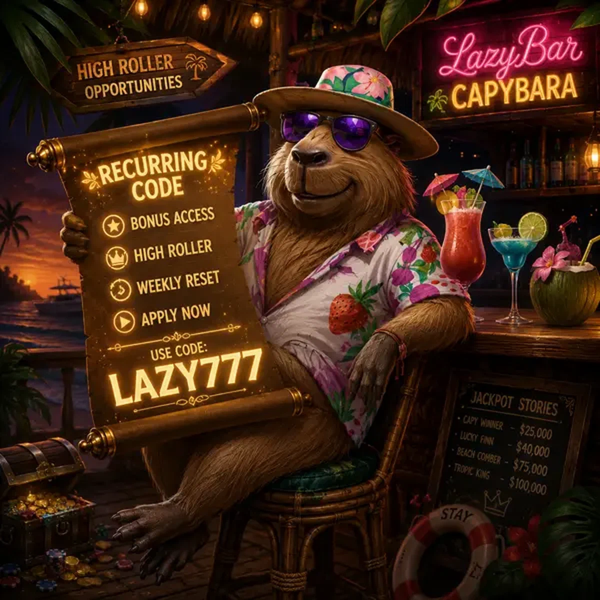 Pergamena codice promo luminosa nella presa rilassata del capibara al bar tropicale di LazyBar