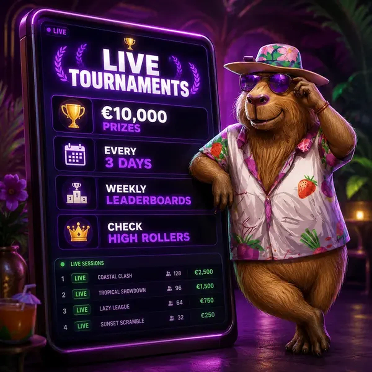 Capibara LazyBar che osserva i tornei del casinò live su uno schermo di classifica luminoso
