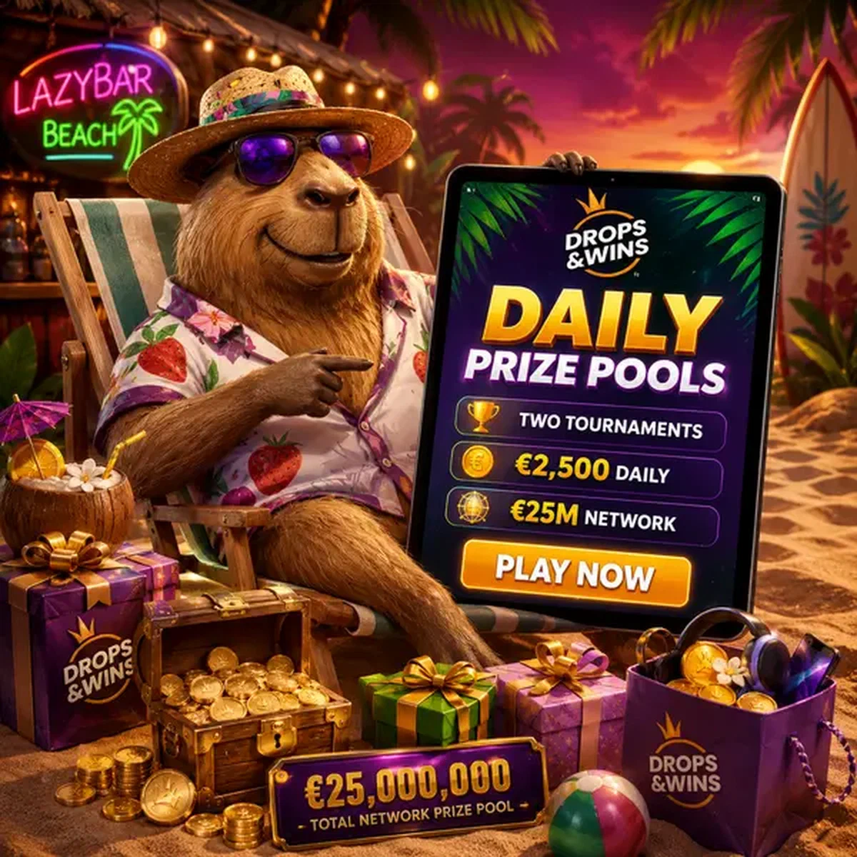 Capibara Casinò LazyBar che ospita tornei slot quotidiani con pool premi su tablet tropicale