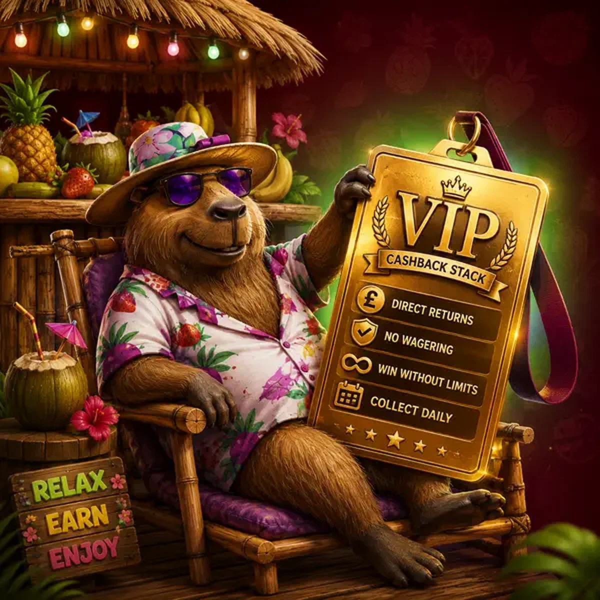 Capibara rilassato che tiene un badge VIP mostrando il sistema di ricompense bonus del Casinò LazyBar