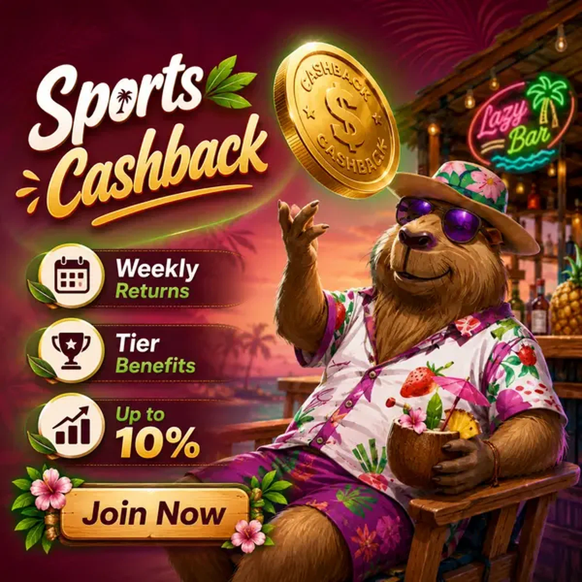 Capibara LazyBar che lancia moneta fortunata al paradiso scommesse sportive tropicale