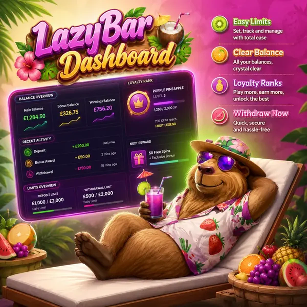 Capibara LazyBar che si rilassa con dashboard digitale che mostra accesso login e dettagli del conto