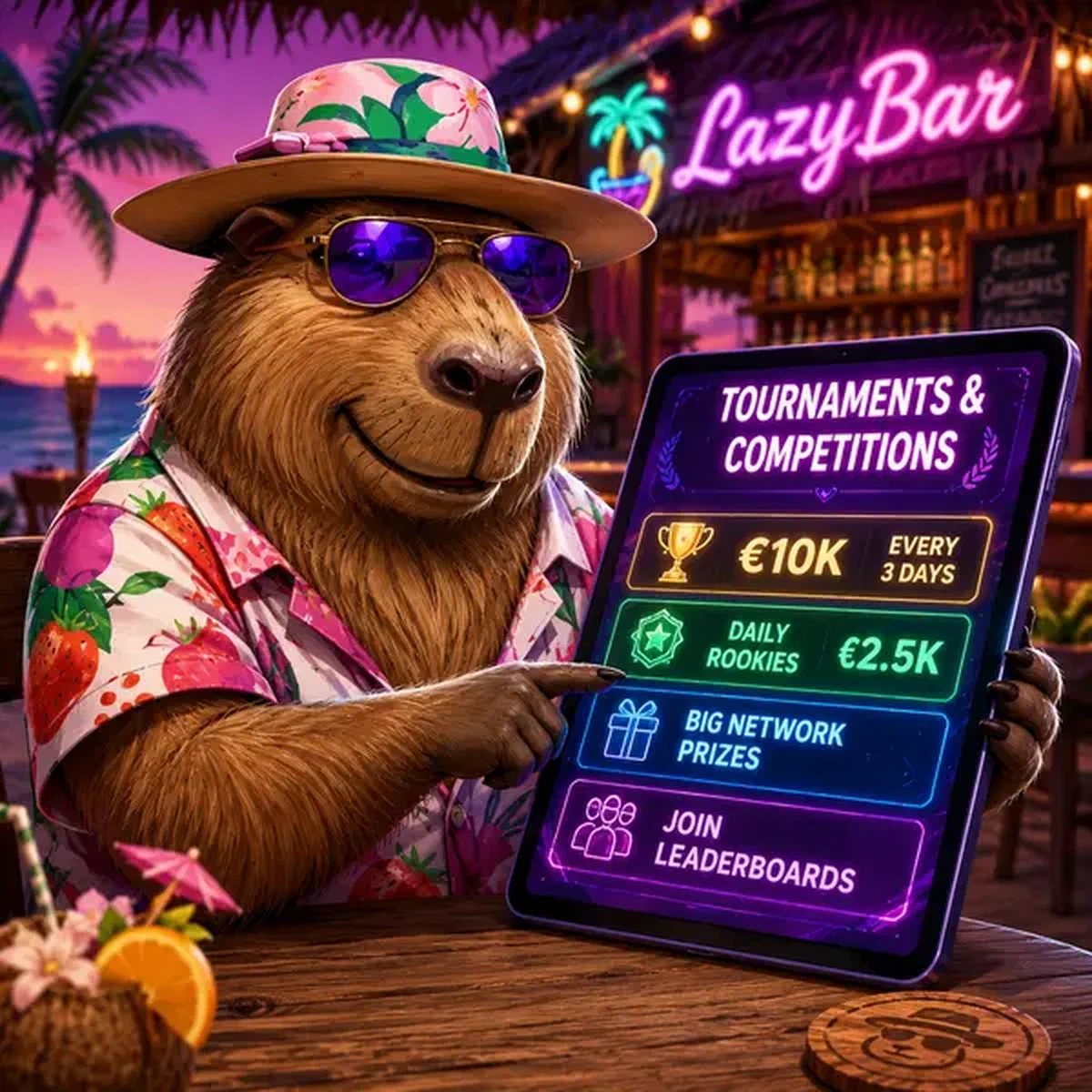 Classifica tornei LazyBar luminosa mentre capibara traccia competizioni premi