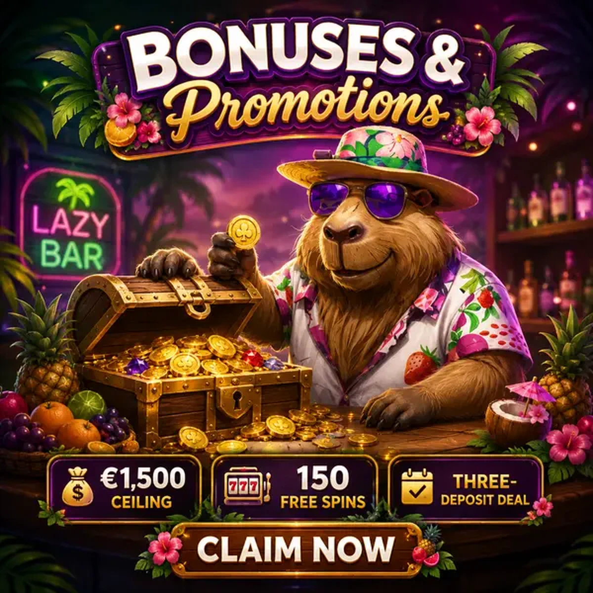Capibara LazyBar scopre forziere del tesoro di bonus di benvenuto sulla spiaggia tropicale