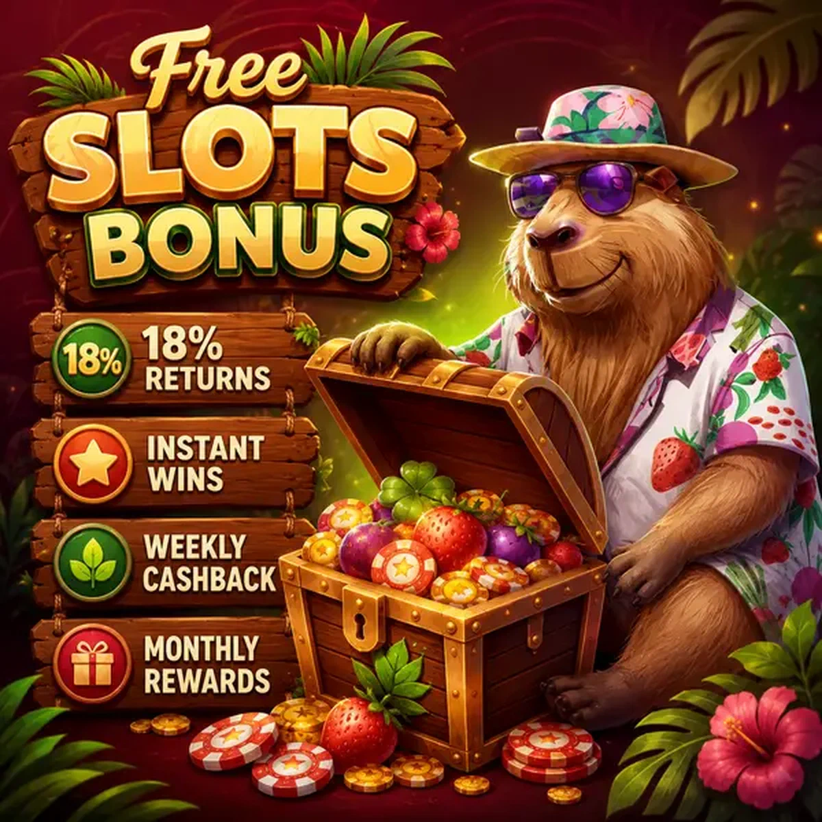 Capibara LazyBar che scopre forziere del tesoro slot gratis traboccante di ricompense bonus dorate