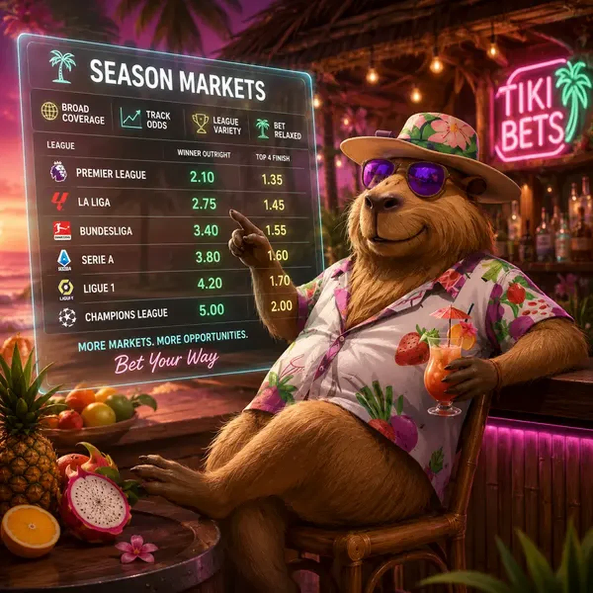 Capibara in camicia hawaiana al banco scommesse che controlla Mercati Stagionali e quote LazyBar