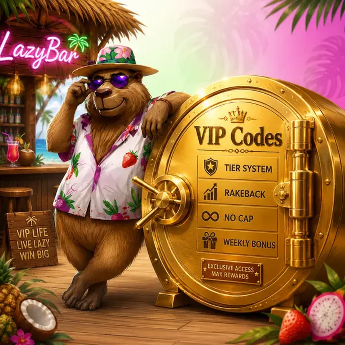 Capibara LazyBar appoggiato a cassaforte dorata che mostra codici promo esclusivi al bar sulla spiaggia tropicale