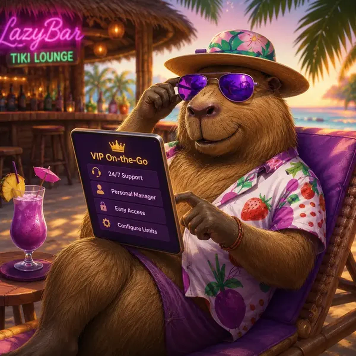 Capibara LazyBar che si rilassa con tablet di lusso che mostra funzionalità app mobile VIP al bar tiki tropicale