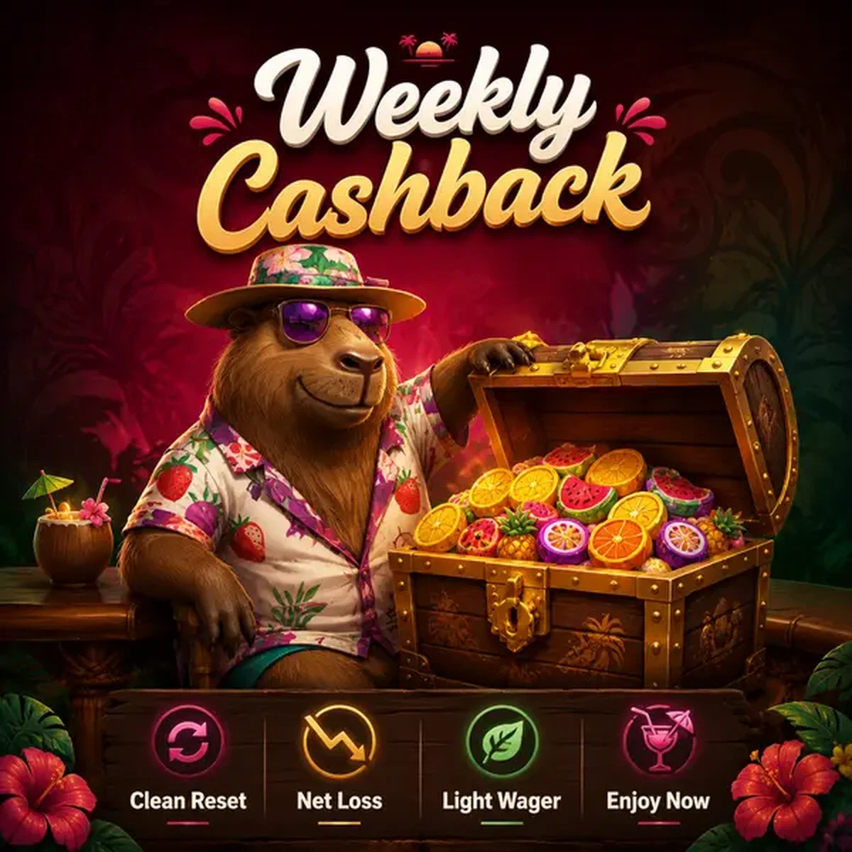 Capibara LazyBar che si gode il bonus cashback settimanale al bancone di un bar sulla spiaggia tropicale