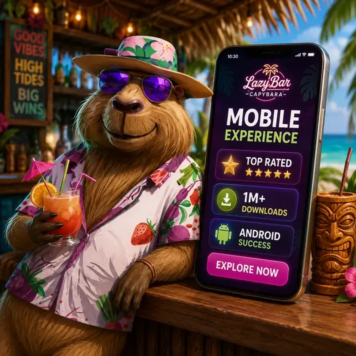 Capibara LazyBar rilassato con app mobile luminosa sullo schermo smartphone al tiki bar