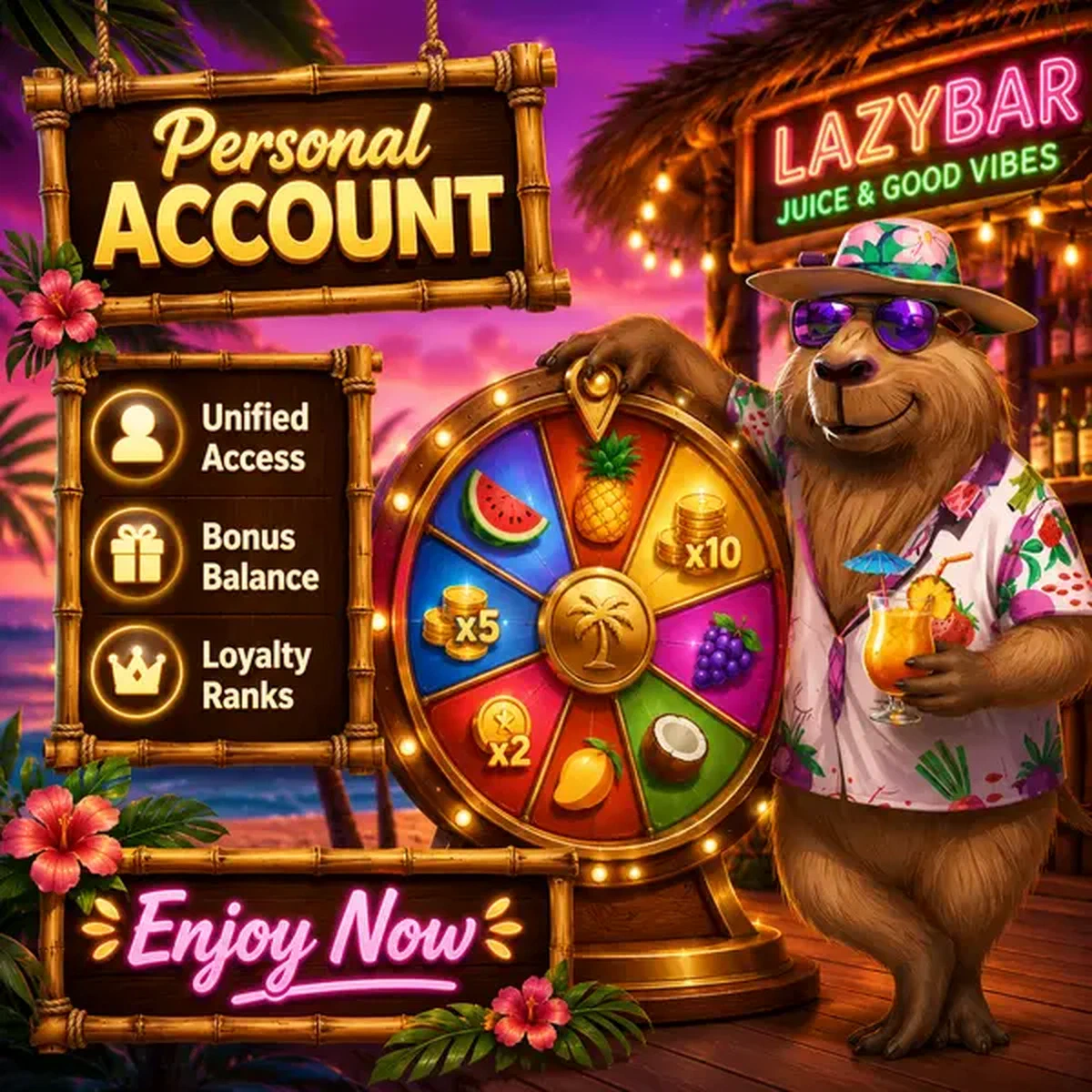 Compte Personnel LazyBar capybara faisant tourner la roue des prix pour des récompenses bonus près du bar à jus tropical