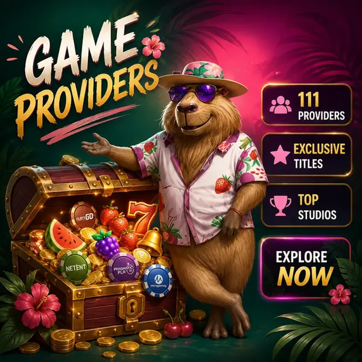 Capybara détendu présentant les fournisseurs de jeux LazyBar avec coffre au trésor de jetons de jeu exclusifs